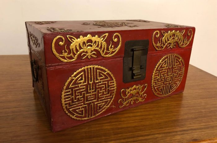 Vintage Pigs’ Leather Lacquered Box, Gilt Accents – $450