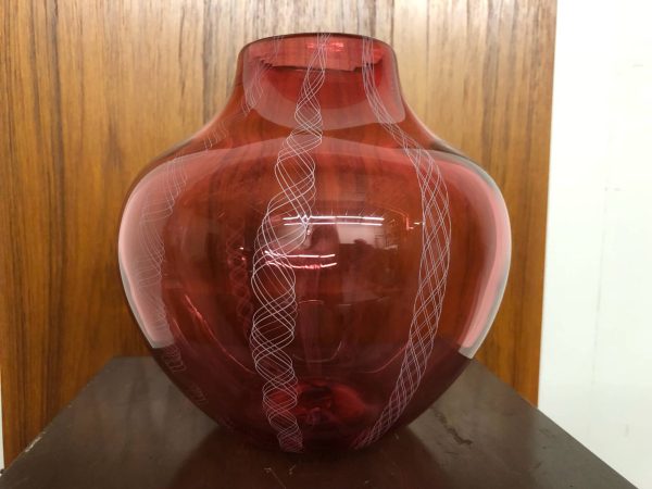 Hand Blown Red Vase with Etched Details – $160