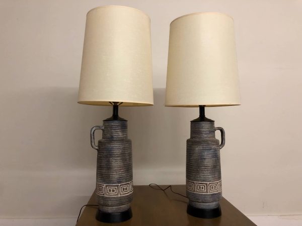 Pair of Vintage Gray Pottery Lamps with Shades – $395