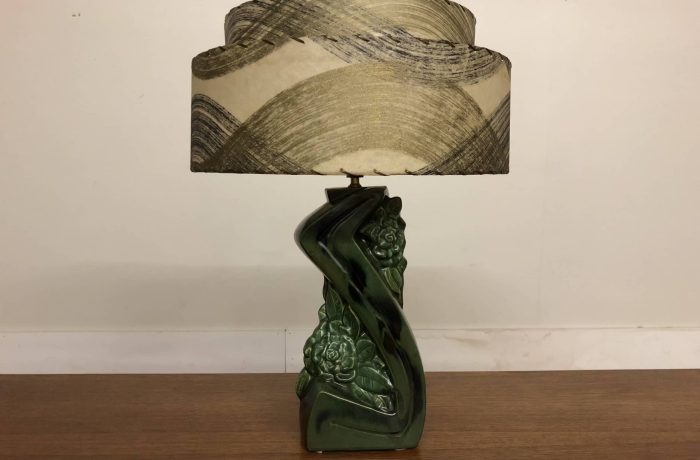 Vintage Green Ceramic Lamp with Drum Shade – $175